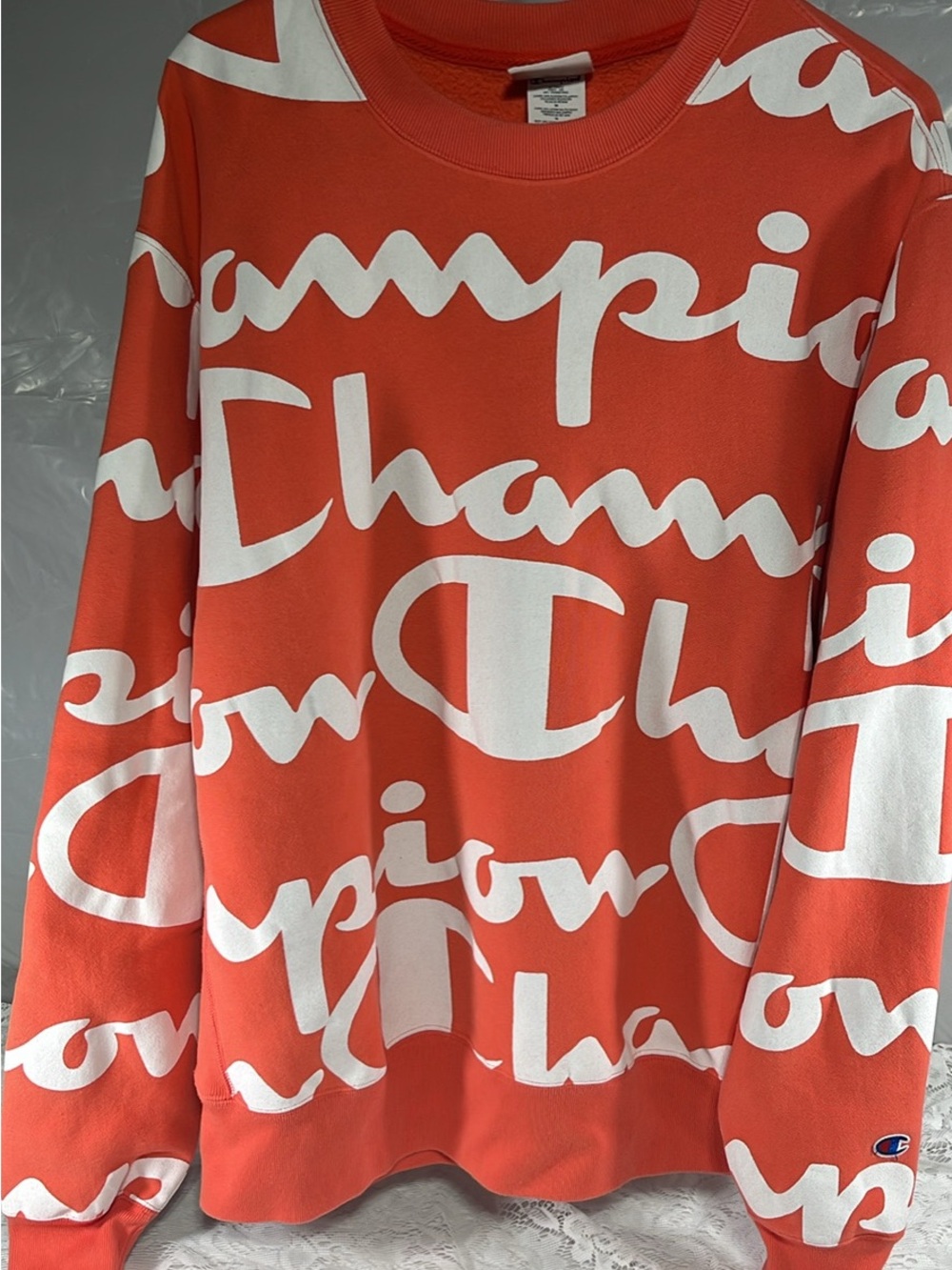 Champion Coral Script Logo Crewneck Sweatshirt